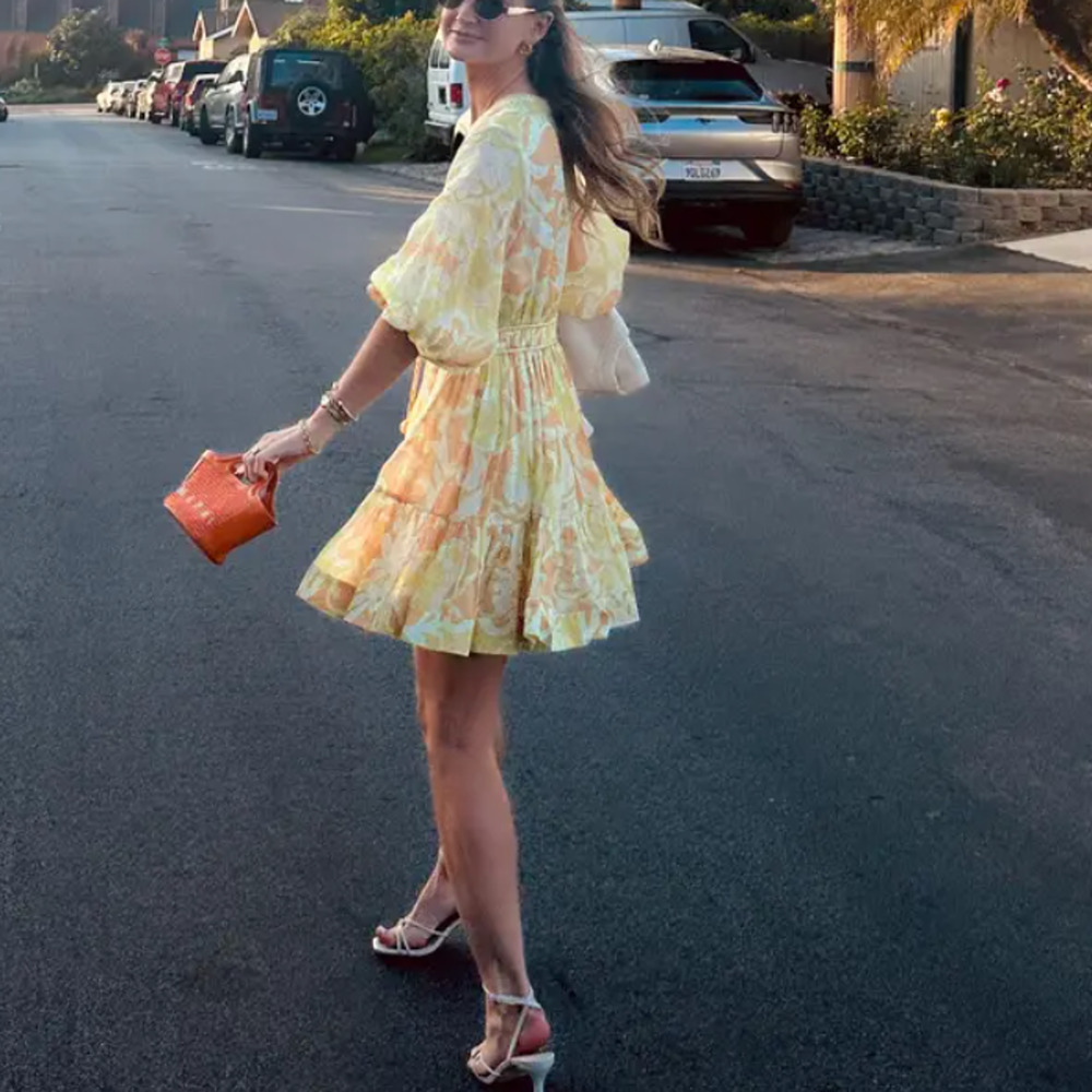 Alexis Yellow Boho Mini Dress XS Party Vacation Designer Cottagecore Cotton $600 - Picture 9 of 13